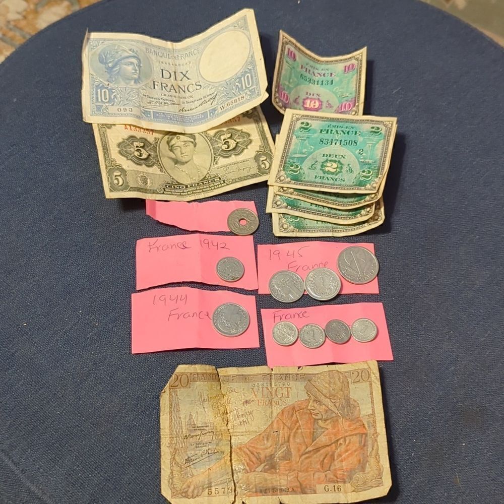 Lot of Francs 1940s France WW2 Military Banknotes, DEUX Francs coins